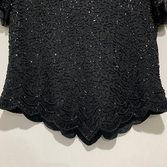 VINTAGE COTE d' AZUR SILK BEADED WAIST LENGTH SHORT SLEEVE BLOUSES SIZE L - Picture 7 of 8